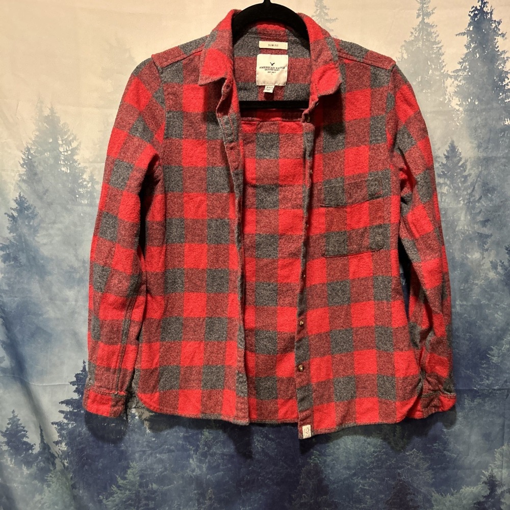 American Eagle Slim Fit Plaid‎ Button Down Shirt Size Medium Red/Gray